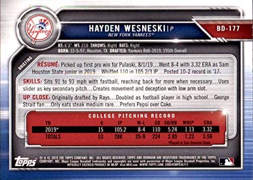 2019 Bowman Taslak BD-177 Hayden Wesneski RC Çaylak New York Yankees MLB Beyzbol Ticaret Kartı