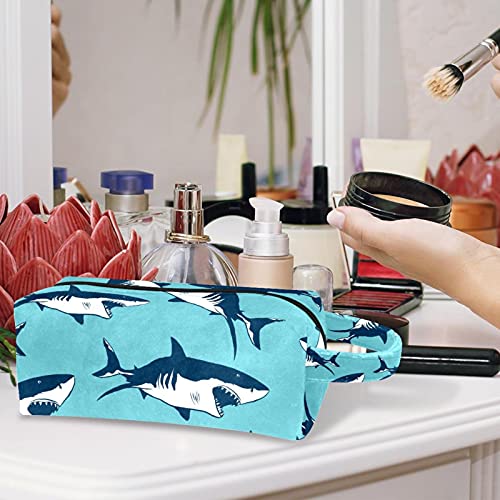 Makyaj Çantası Seyahat Kozmetik Çantası Lacivert Desen Köpekbalığı makyaj çantası Organizatör Kılıfı ile Fermuar ve Kolu